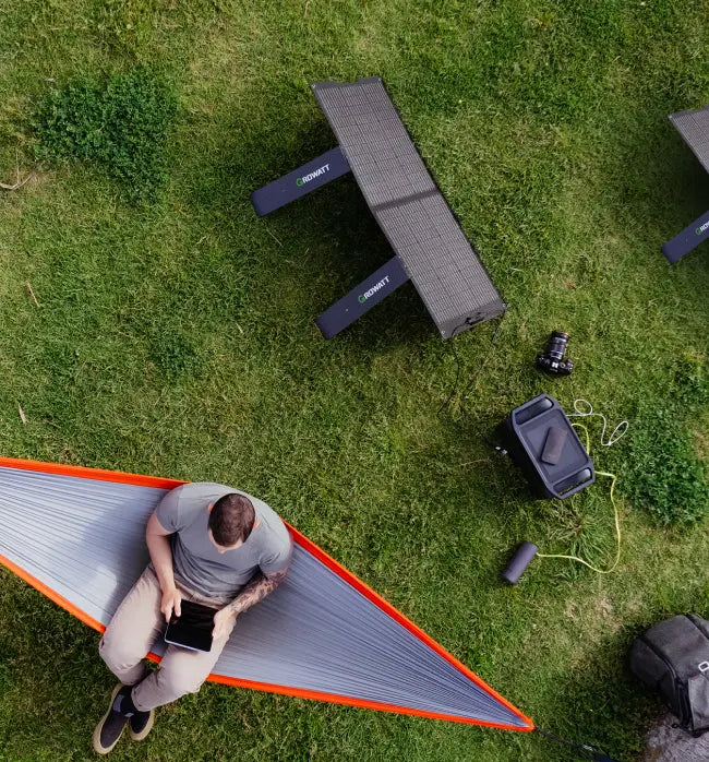 a man using solar panels for camping