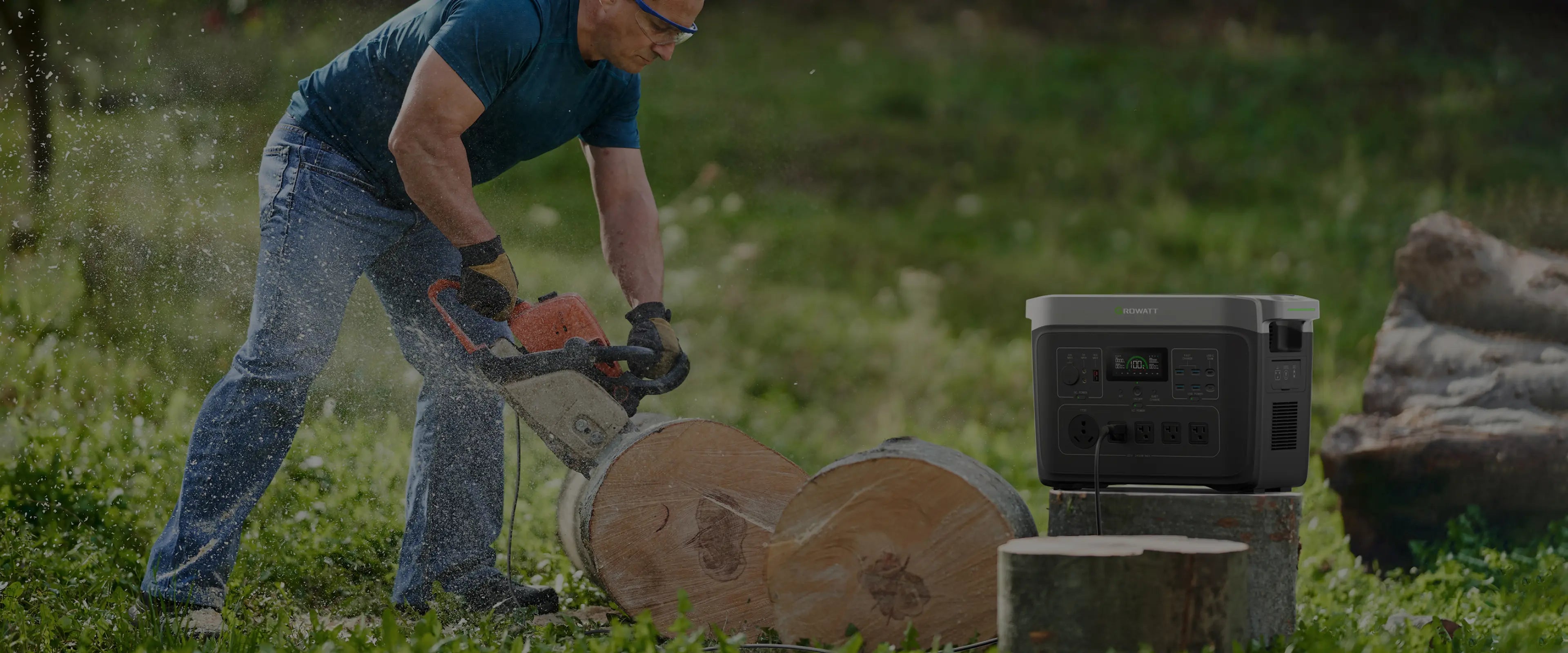 A worker is using a portable power station power chainsaw