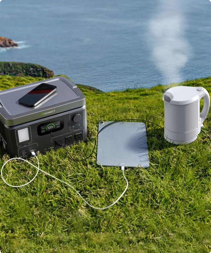 VITA 550 powering a kettle and a tablet in camping
